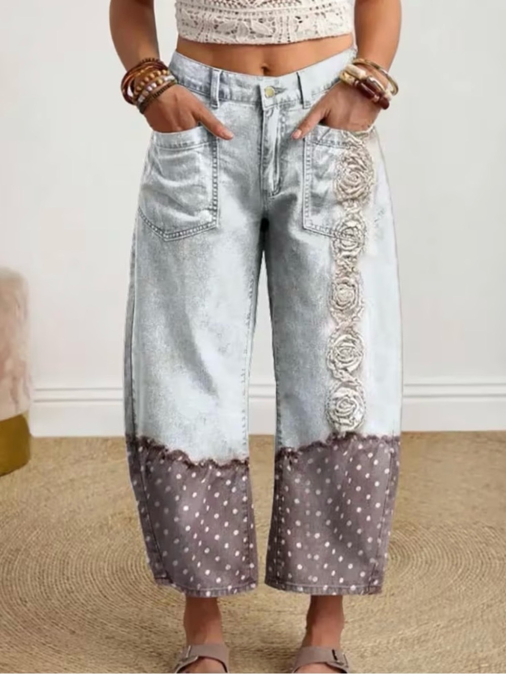 NEW ARRIVAL Boho Embroidered Patchwork Wide-Leg Jeans - Light Wash Gray